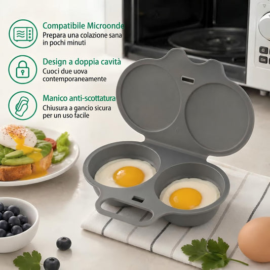 OvoLampo™ cuociuova per microonde grigio – compatibile microonde, doppia cavità, manico anti-scottatura